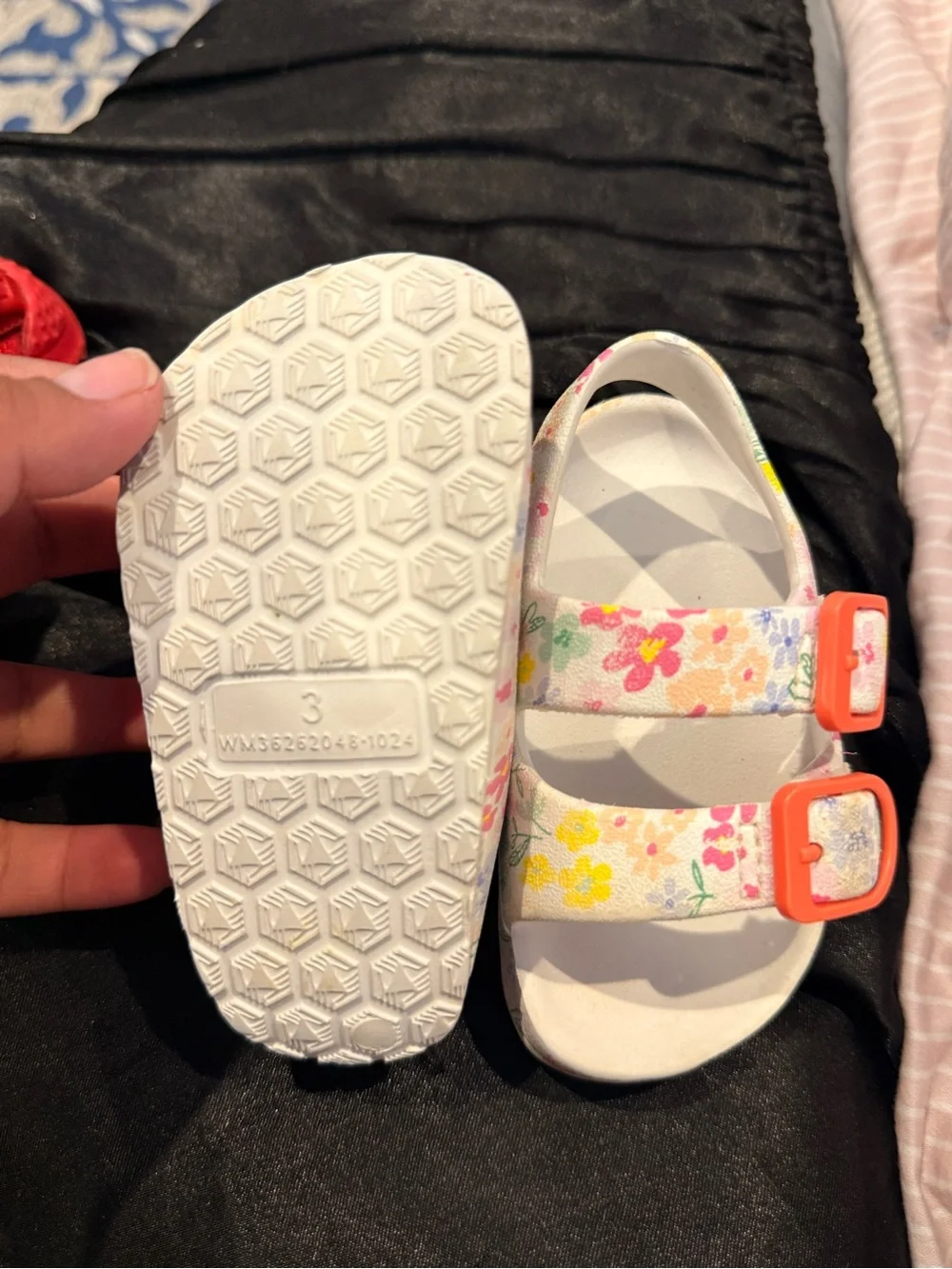 CROCS Kids Floral Sandals in White with Multicolor Flowers and Orange Buckles